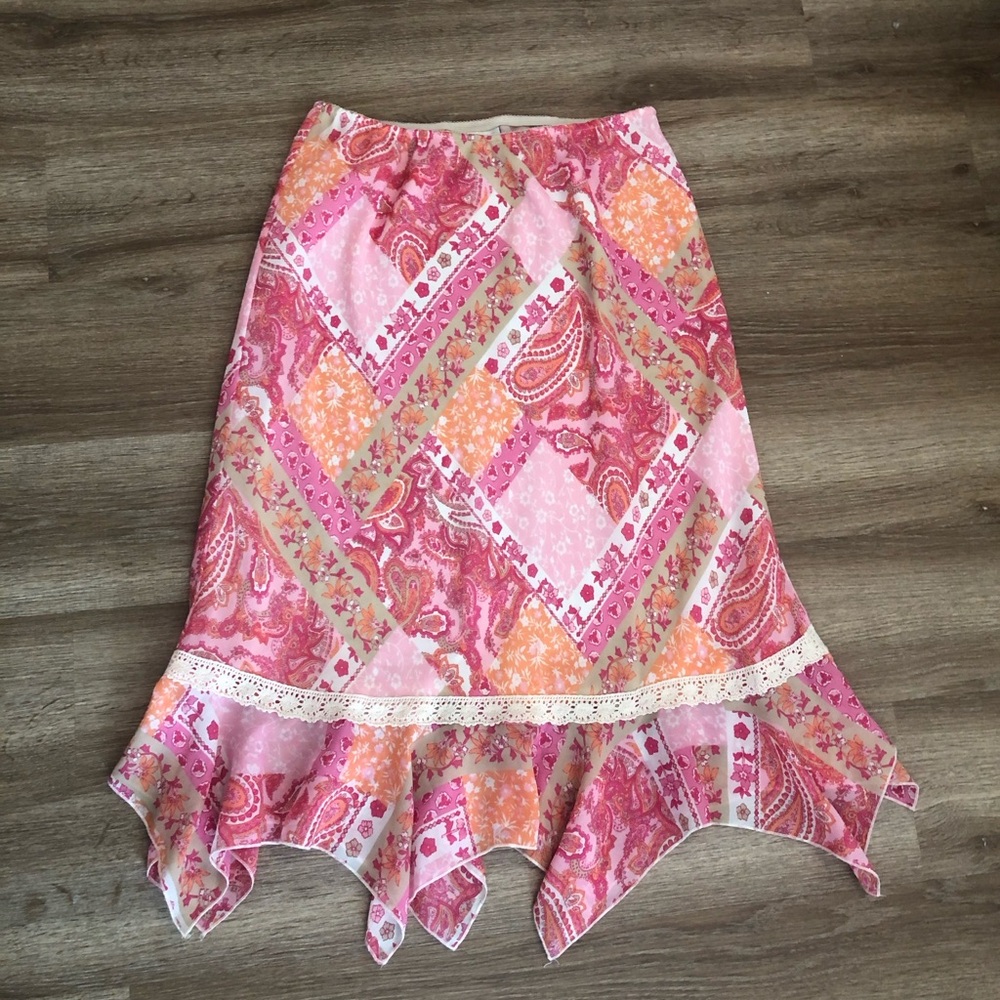 Worthington Pink and Orange Paisley Midi Skirt